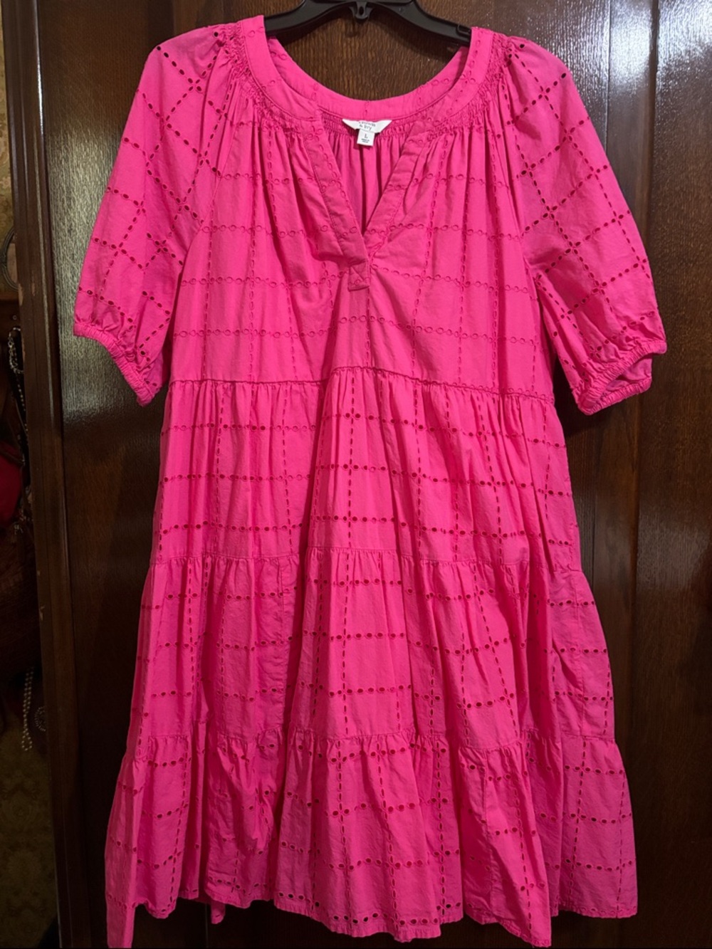 Crown & Ivy Bright Pink Eyelet Tiered Casual Dress